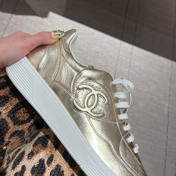 CHANEL Gold and White Sneakers with Iconic CC Logo - Picture 1 of 1